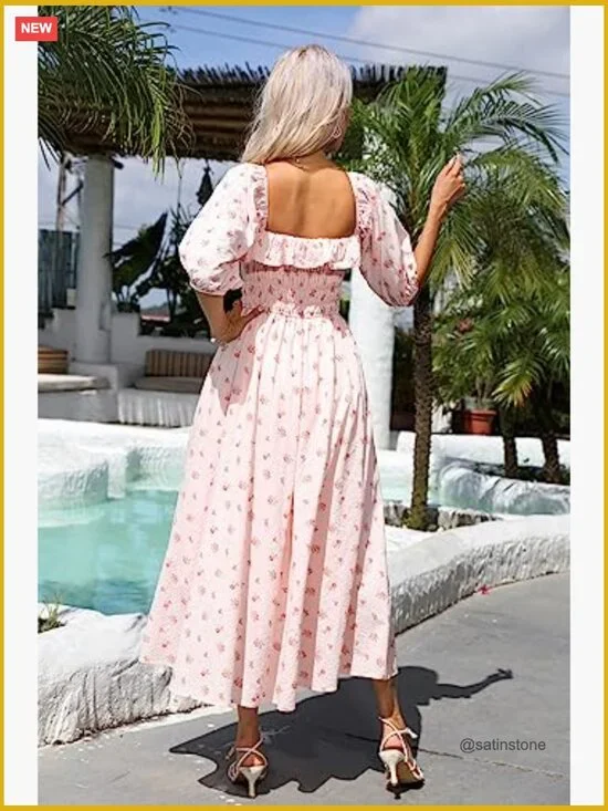 100% Cotton Backless A-Line Flowy Midi Dress with Ruffled Neckline - Picture 5 of 7